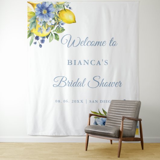 Lemon Blue Floral Citrus Brautparty Willkommen Wandteppich (Beispiel)