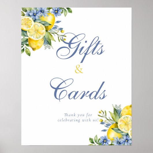 Lemon Blue Floral Citrus Bridal Geschenk und Karte Poster (Vorne)