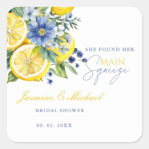 Lemon Blue Floral Citrus Engagement Party Quadratischer Aufkleber