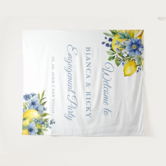 Lemon Blue Floral Citrus Engagement Party Willkomm Wandteppich (Vorderseite (Horizontal))