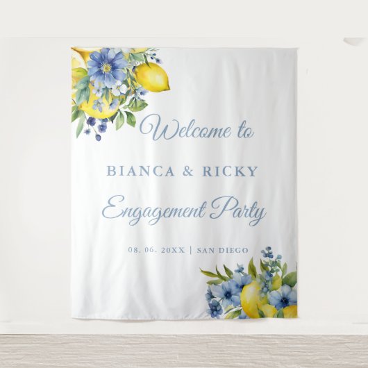 Lemon Blue Floral Citrus Engagement Party Willkomm Wandteppich (Vorderseite)