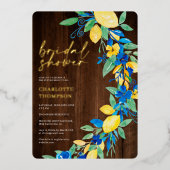 Lemon blue floral wood script Brautparty Folieneinladung (Vorderseite)