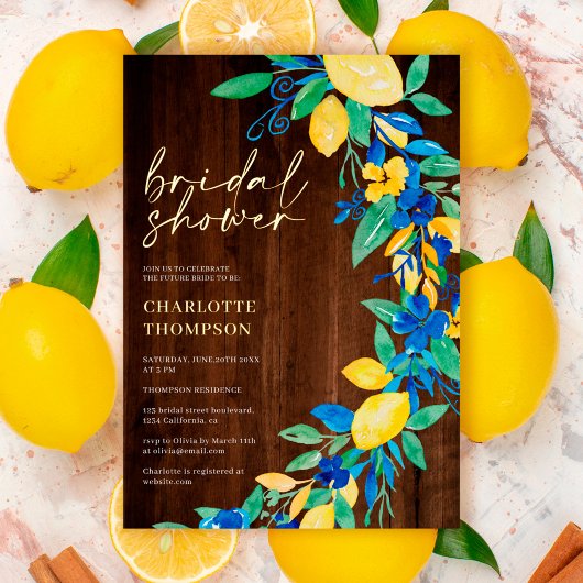 Lemon blue floral wood script Brautparty Folieneinladung