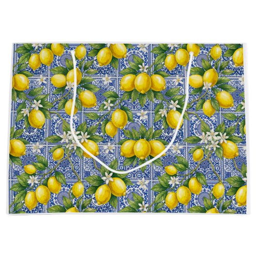 Lemon Blue French Country Watercolor Tile Große Geschenktüte (Vorderseite)
