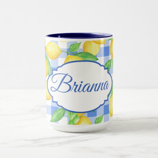 Lemon Blue Gingham Cotattcore Personalisierte Mug Tasse (Zentrum)