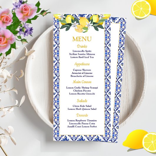 Lemon Blue Italian Tiles Brautparty Wedding Menükarte