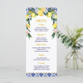 Lemon Blue Italian Tiles Brautparty Wedding Menükarte (Stehend Vorderseite)