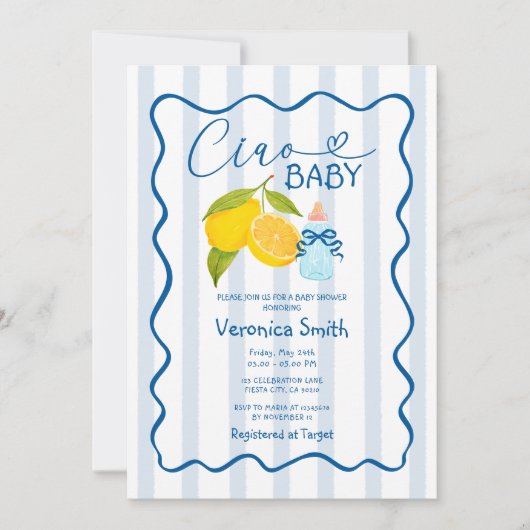 Lemon Blue Italy Ciao Baby Showeinladung Einladung (Vorderseite)