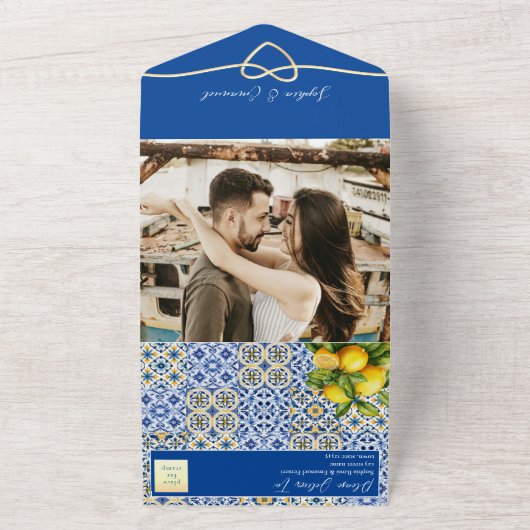 Lemon Blue Italy Tile Wedding All In One Einladung (Außenbereich)