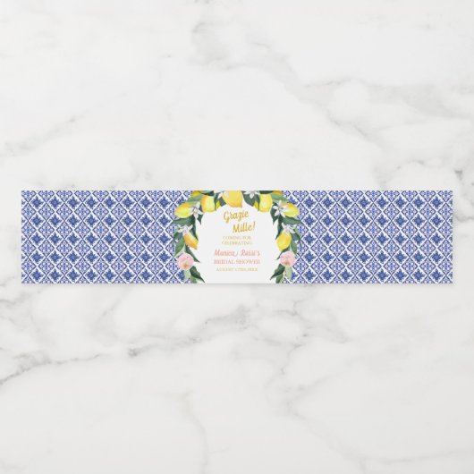 Lemon Blue Italy Tiles Grazie Mille Brautparty Wasserflaschenetikett (Einzelnes Label)