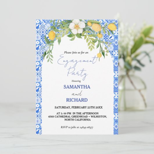 Lemon Blue Mediterrane italienische Engagement-Par Einladung (Stehend Vorderseite)