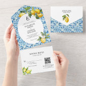 Lemon Blue Mediterranean Monogram Qr Code Wedding All In One Einladung