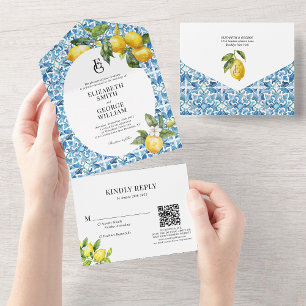 Lemon Blue Mediterranean Monogram Qr Code Wedding All In One Einladung
