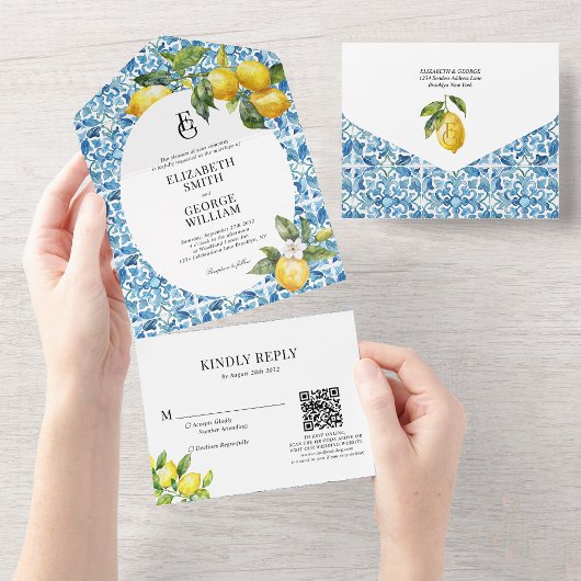 Lemon Blue Mediterranean Monogram Qr Code Wedding All In One Einladung