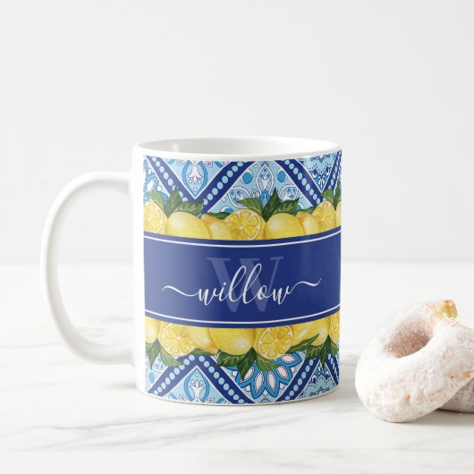Lemon Blue Tile Backsplasname Monogram Kaffeetasse (Mit Donut)