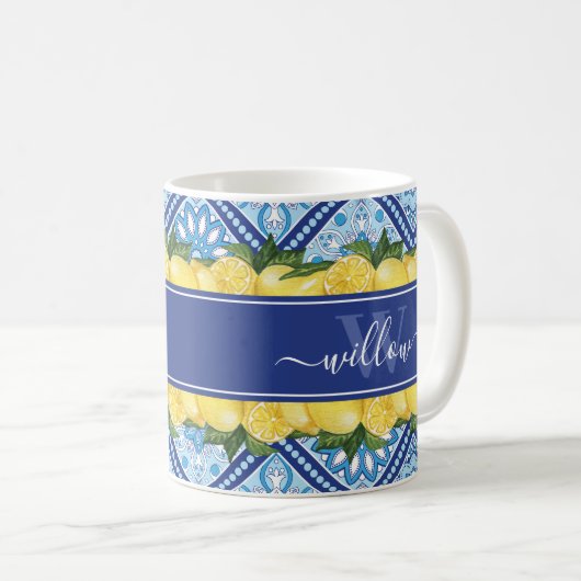 Lemon Blue Tile Backsplasname Monogram Kaffeetasse (VorderseiteRechts)