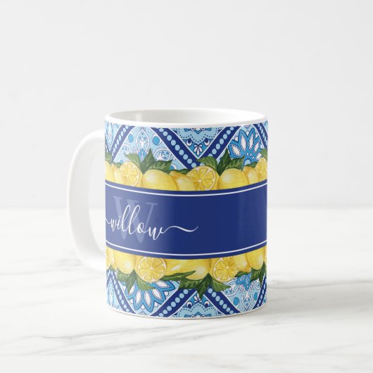 Lemon Blue Tile Backsplasname Monogram Kaffeetasse (Vorderseite Links)