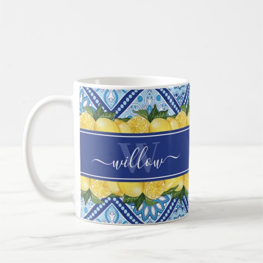 Lemon Blue Tile Backsplasname Monogram Kaffeetasse (Links)