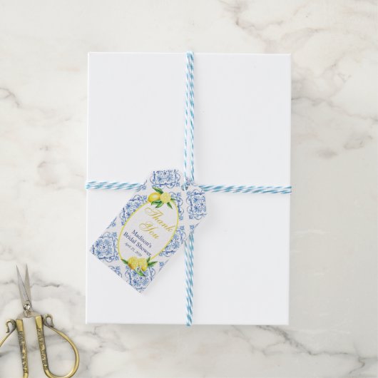 Lemon Blue Tile Gastgeschenk Tag Geschenkanhänger (Mit Garn)