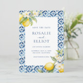 Lemon Blue Tile Mediterranean Save the Date Einladung (Stehend Vorderseite)