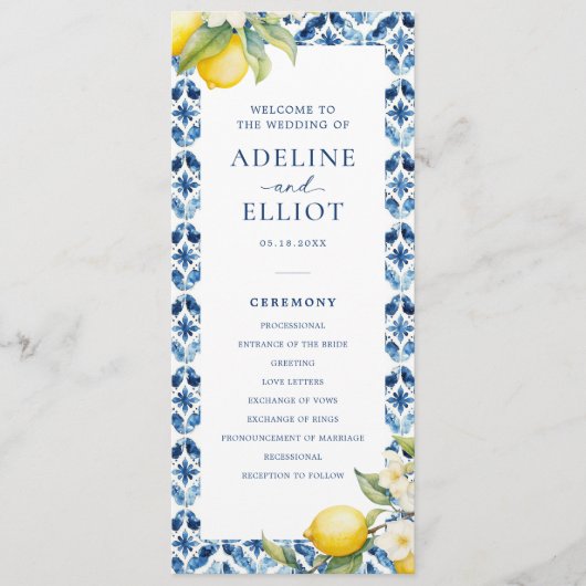 Lemon Blue Tile Mediterranean Wedding Programm (Vorderseite)