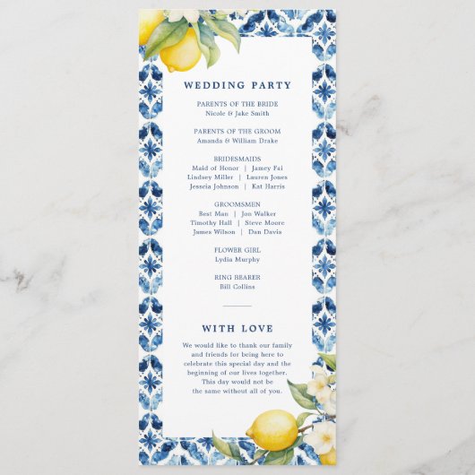 Lemon Blue Tile Mediterranean Wedding Programm (Rückseite)