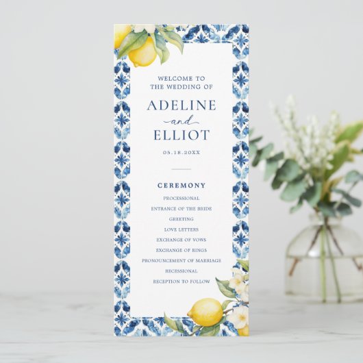 Lemon Blue Tile Mediterranean Wedding Programm (Stehend Vorderseite)