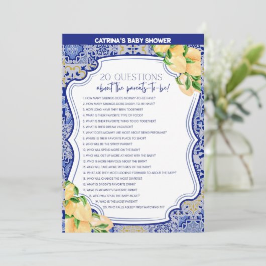 Lemon Blue Tiles Baby Shower - Bearbeitbarer Name, Einladung (Stehend Vorderseite)