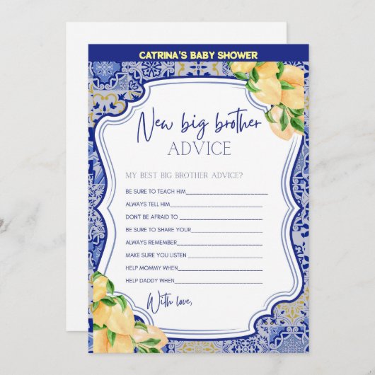 Lemon Blue Tiles Baby Shower - Bearbeitbarer Name, Einladung (Vorne/Hinten)