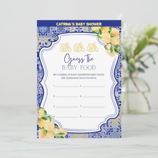 Lemon Blue Tiles Baby Shower - Bearbeitbarer Name, Einladung (Stehend Vorderseite)