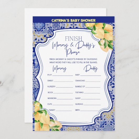 Lemon Blue Tiles Baby Shower - Bearbeitbarer Name, Einladung (Vorne/Hinten)