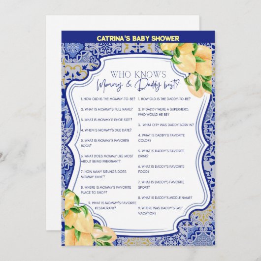 Lemon Blue Tiles Baby Shower - Bearbeitbarer Name, Einladung (Vorne/Hinten)