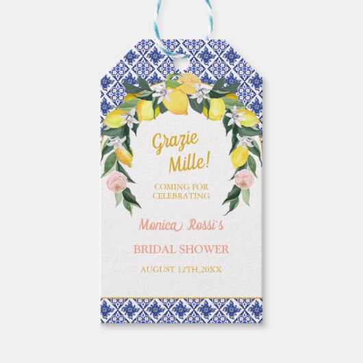Lemon Blue Tiles Grazie Mille Brautparty Fevor Geschenkanhänger (Vorderseite)