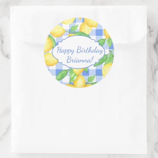 Lemon Blue White Gingham Custom Runder Aufkleber (Tasche)