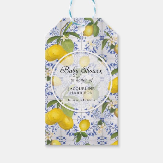 Lemon Blume Citrus Foliage Blue White Baby Dusche Geschenkanhänger (Vorderseite)