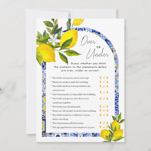 Lemon Boho Over oder Under Brautparty Game Card Einladung (Vorderseite)