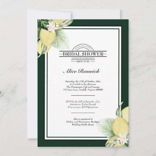 Lemon Border Emerald Green Brautparty Einladung (Vorderseite)
