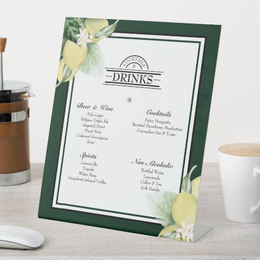 Lemon Border Emerald Green Wedding Drinks Menü Sockelschild (In Situ)