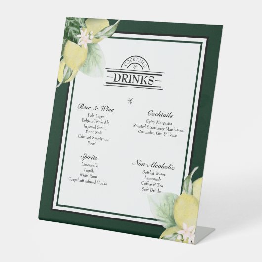 Lemon Border Emerald Green Wedding Drinks Menü Sockelschild (Vorderseite)