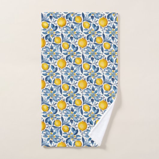 Lemon Botanical Blue and Yellow Summer Print Badhandtuch Set (Handtuch)