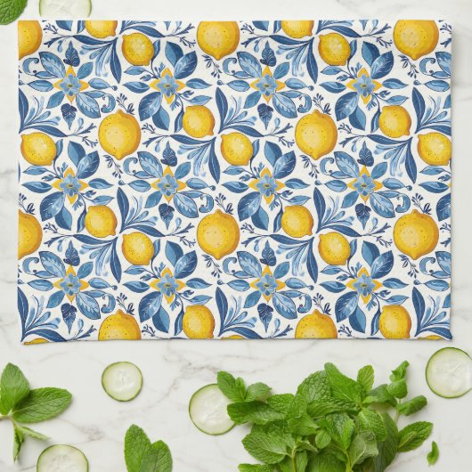 Lemon Botanical Blue and Yellow Summer Print Geschirrtuch (Gefaltet)