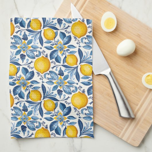 Lemon Botanical Blue and Yellow Summer Print Geschirrtuch (Viertel Falte)