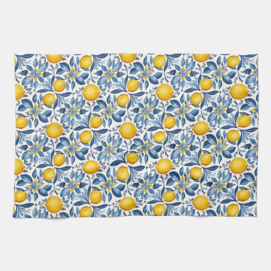 Lemon Botanical Blue and Yellow Summer Print Geschirrtuch (Horizontal)