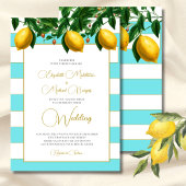 Lemon Botanical Blue Stripe Wedding Einladung