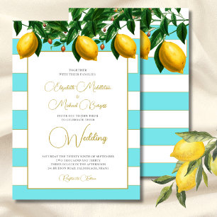 Lemon Botanical Blue Stripe Wedding Einladung