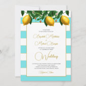Lemon Botanical Blue Stripe Wedding Einladung (Vorderseite)