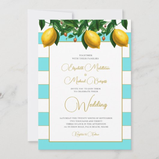 Lemon Botanical Blue Stripe Wedding Einladung (Vorderseite)