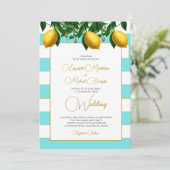 Lemon Botanical Blue Stripe Wedding Einladung (Stehend Vorderseite)