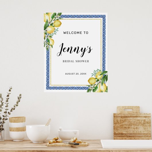 Lemon Botanical Blue Tile Brautparty Willkommen Poster (Küche)