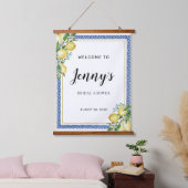 Lemon Botanical Blue Tile Brautparty Willkommen Wandteppich Mit Holzrahmen (Schlafzimmer)